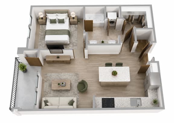 A top-down view of a modern apartment layout with a living room, kitchen, and two bedrooms.