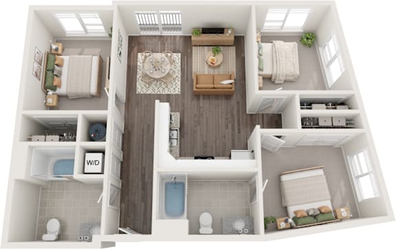 A 3D floor plan of a small apartment with a living room, kitchen, and bathroom.