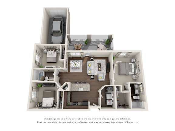 A 3D floor plan of a house with a kitchen, living room, and bedrooms.