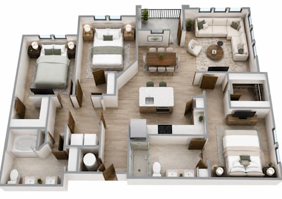 A 3D layout of a house with various rooms and furniture.
