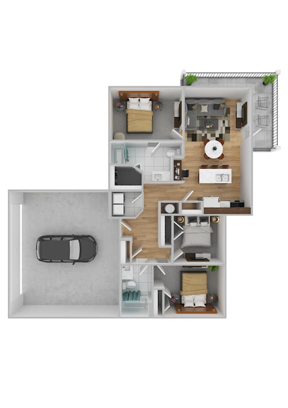 a stylized floor plan with a bedroom and living room and a car