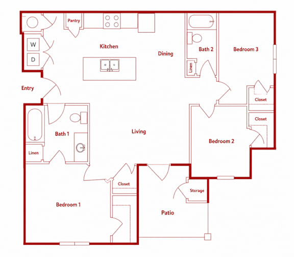 A red floor plan of a house with labeled rooms.