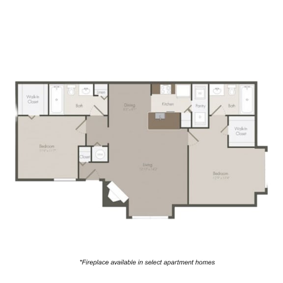 A floor plan of an apartment layout with a kitchen, dining room, living room, and two bedrooms.