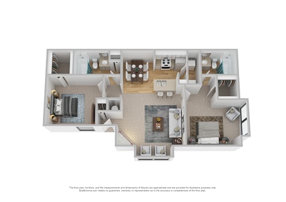Floor Plan  A floor plan of a house with a kitchen, living room, and two bedrooms.