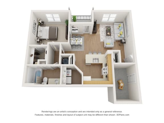 this is a 3d floor plan of a 888 square foot 1 bedroom apartment at the