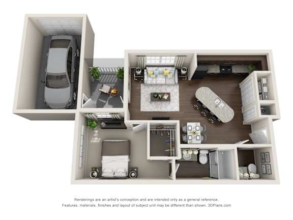 A 3D floor plan of a small apartment with a kitchen, living room, and bedroom.
