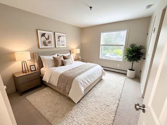 A bedroom with a large bed, two lamps, and a potted plant.