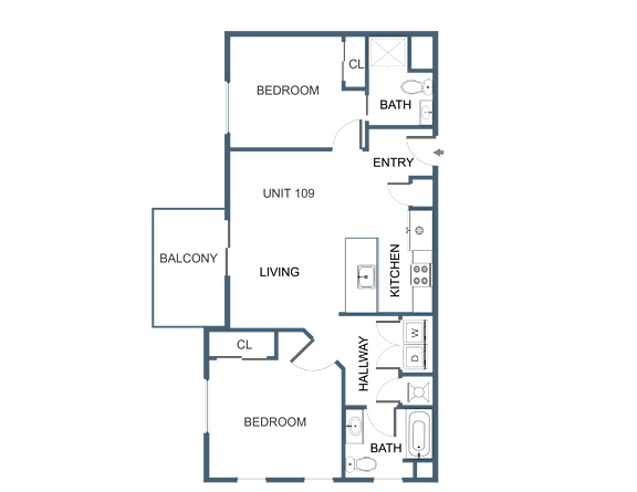 Two Bedroom Two Bathroom Floor Plan at Latitude at South Portland Apartment, Maine, 04106