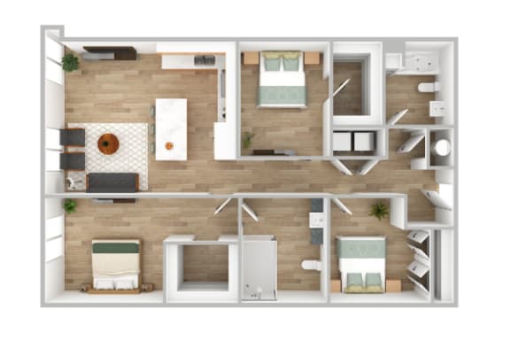 a 3d rendering of the 1 bedroom floor plan with roommates at The 600 Apartments, Alabama, 35203