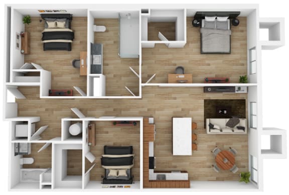 Floor Plan  3d floor plan of a bedroom apartment at The 600 Apartments, Alabama, 35203