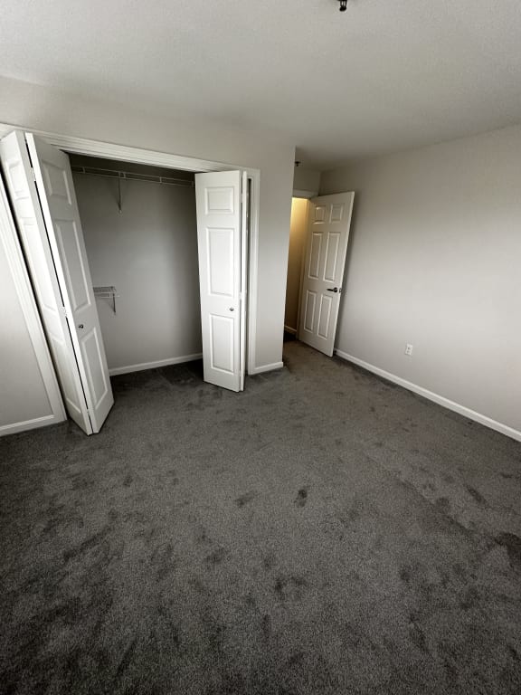 an empty room with three doors and a carpeted floor at Carisbrooke at Manchester Apartments, Manchester, 03102
