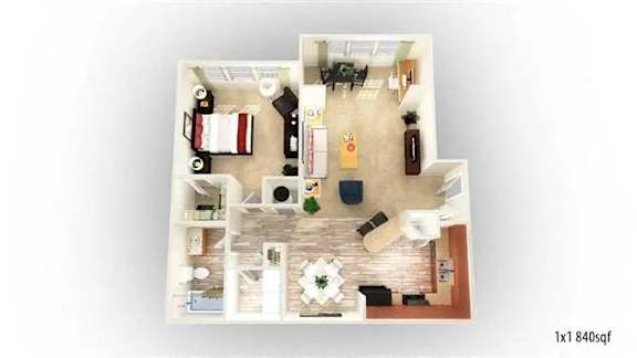 Floor Plan  A top-down view of a small apartment layout with a kitchen, living room, and bathroom.