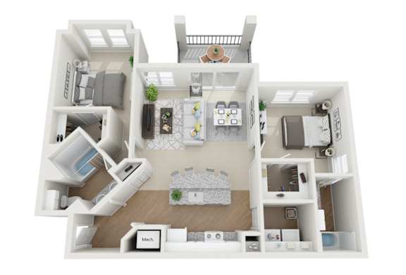 A 3D floor plan of a small apartment with a kitchen, living room, and bedroom.
