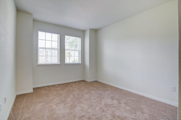 a bedroom with two windows and a carpeted floor