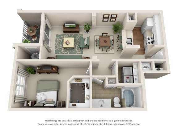 this is a 3d floor plan of a 757 square foot 1 bedroom apartment at the
