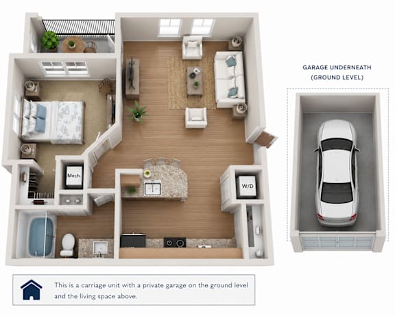 A diagram shows a two-story home with a garage underneath.