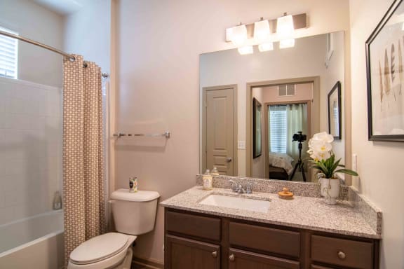 a bathroom with a toilet and a sink and a mirror at Century New Holland, Gainesville, GA, 30501
