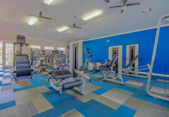 a gym with weights and cardio equipment in a building with blue walls