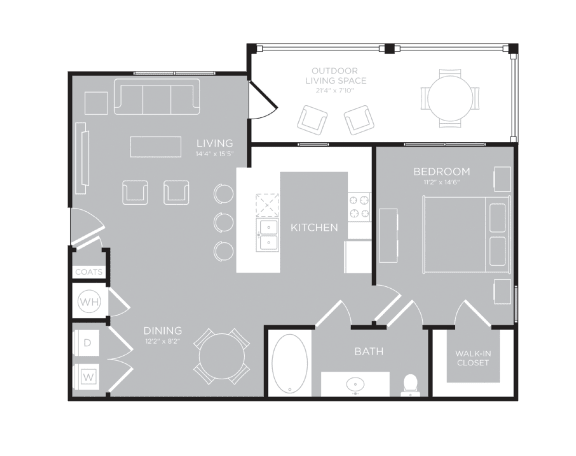 1 bedroom 1 bathroom MUNICH Floor Plan at Century Travesia, Austin, TX, 78728MUNICH Floor Plan at Century Travesia, Austin, 78728
