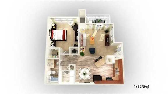 Floor Plan  A 3D floor plan of a house with a kitchen, living room, and two bedrooms.