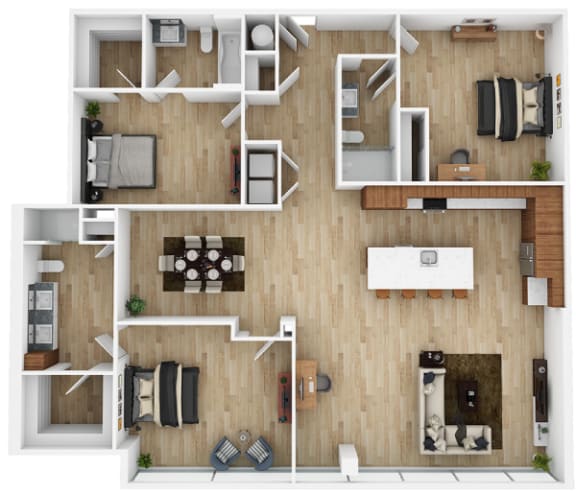 a 3d drawing of a living room with a wood floor at The 600 Apartments, Birmingham Alabama