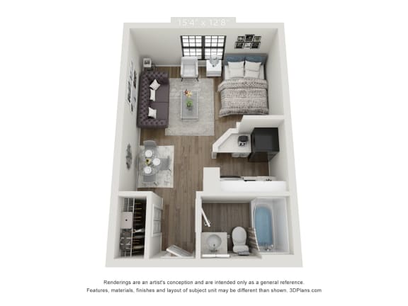 A 3d floor plan of a 1 bedroom apartment at Flats at 87Ten apartments