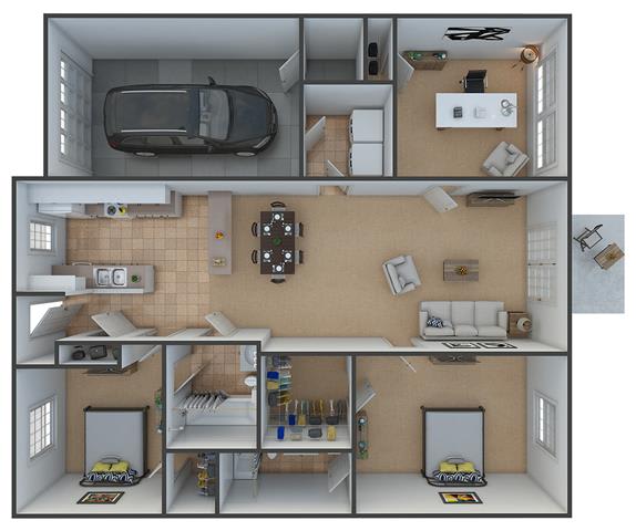 3 bedroom the Keys with garage floor plan Highborne apartments Augusta, GA