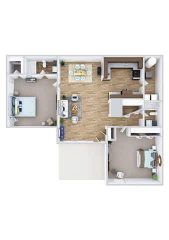 A floor plan of a house with a kitchen, living room, and two bedrooms.