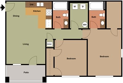 2 Bedroom Floor Plan  at Highland Hills Apatrtments, Grovetown, Georgia