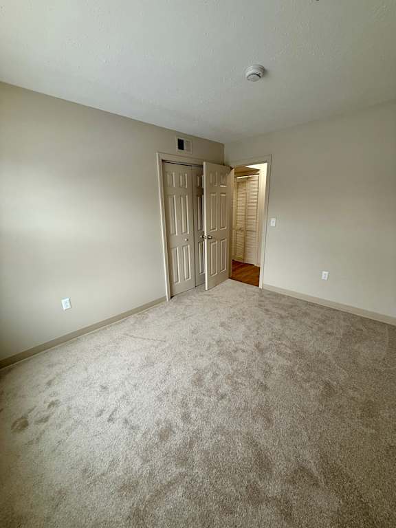 A room with a carpeted floor and a closed door.