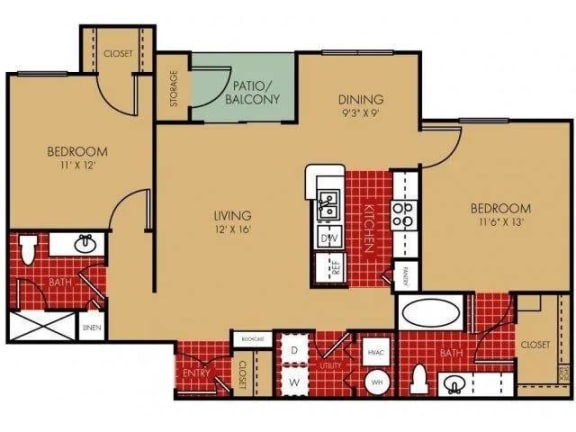 Two Bedroom Two Bath Floor Plan at Elevate on Main, Granger, Indiana