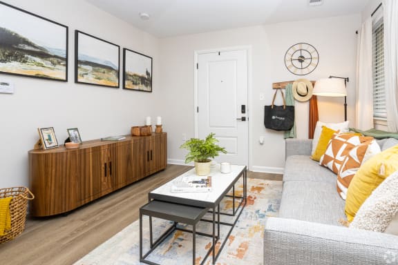 a living room with a couch and a coffee table