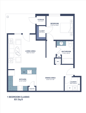 A floor plan of a 1 bedroom apartment with a living area, kitchen, bathroom, and laundry room.