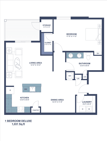 A floor plan of a 1 bedroom deluxe apartment, totaling 1,031 square feet.
