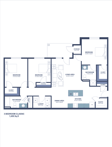 A floor plan of a 3 bedroom apartment.