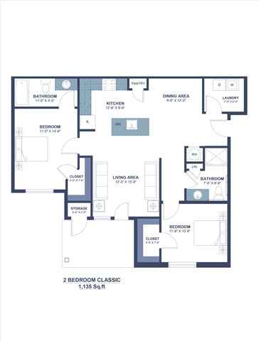 A floor plan of a 2 bedroom apartment with a living area and kitchen.