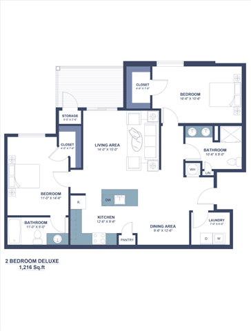 A floor plan of a 2 bedroom deluxe apartment.