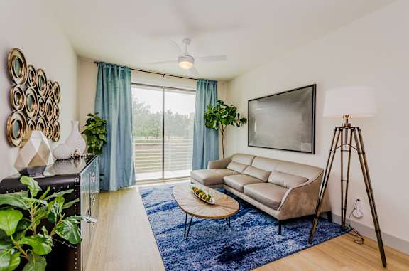 A living room with a grey sofa, a coffee table, a TV, and a floor lamp.