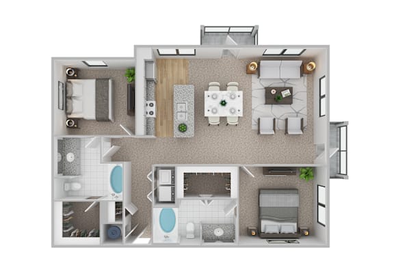 A top-down view of a modern apartment layout with a kitchen, living room, and bedrooms.