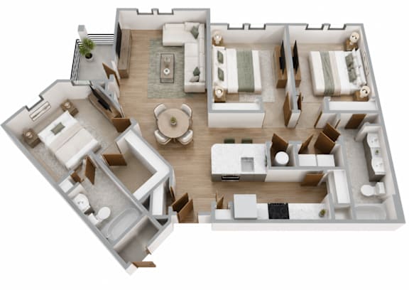 A 3D floor plan of a house with multiple rooms and furniture.