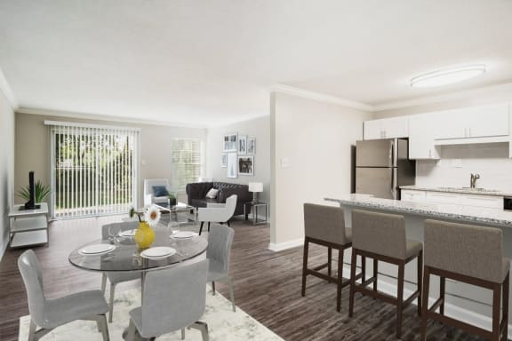 our apartments offer a living room with a dining area and a kitchen
