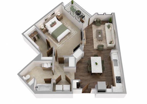 A 3D image of a house layout with a kitchen, living room, and bedrooms.