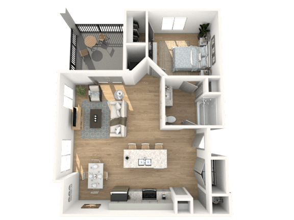 A 3D floor plan of a small apartment with a kitchen, living room, and bedroom.