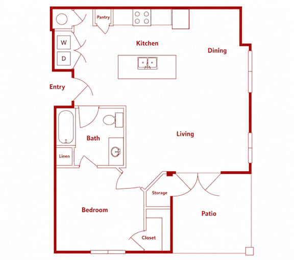A red outline of a house plan with labeled rooms.