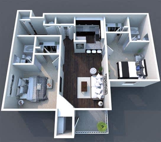 Floor Plan  A 3D floor plan of a house with a kitchen, living room, and bedrooms.