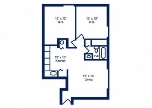2 Bed 1 Bath 22BR w/o WD Floor Plan at Summit Terrace, South Portland, ME, 04106