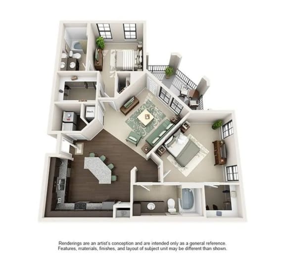 a 3d floor plan with a bedroom and a living room