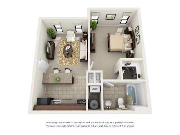 A1 One Bedroom and One Bathroom Floor Plan A1 One Bedroom and One Bathroom Floor Plan at Ridge Crossings Apartments, Alabama