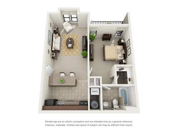 Floor Plan  A2 One Bedroom and One Bathroom Floor Plan at Ridge Crossings Apartments, Alabama 35244
