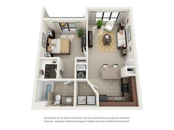 A3 One Bedroom and One Bathroom Floor Plan A3 One Bedroom and One Bathroom Floor Plan at Ridge Crossings Apartments, Hoover, AL